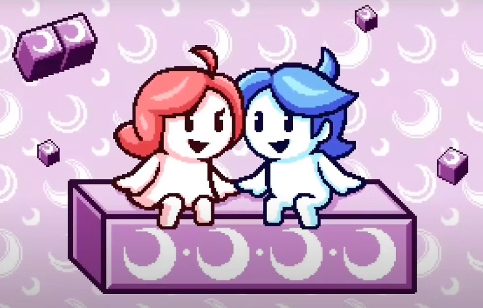 Heart Star gameplay &mdash; two characters cooperating to solve a puzzle level